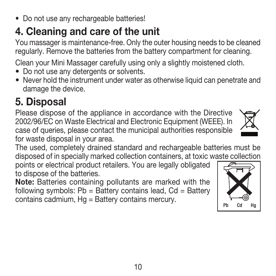 Cleaning and care of the unit, Disposal | Beurer MG 18 User Manual | Page 10 / 36