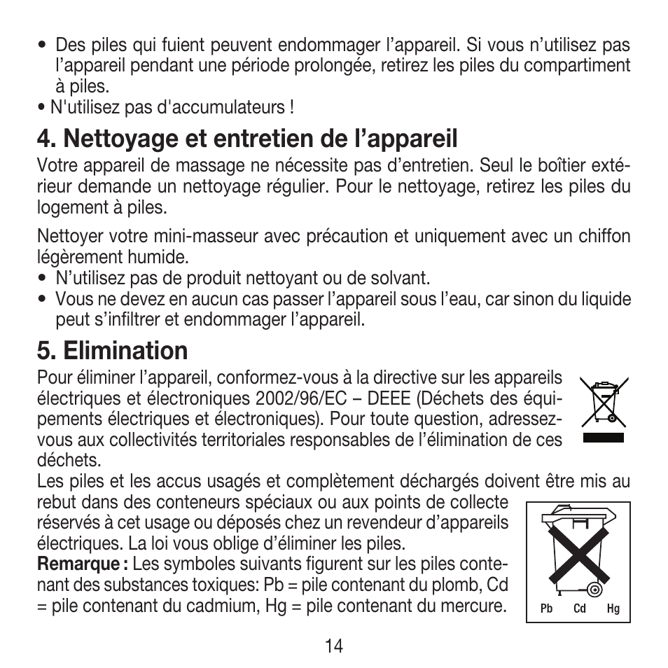 Nettoyage et entretien de l’appareil, Elimination | Beurer MG 18 User Manual | Page 14 / 36