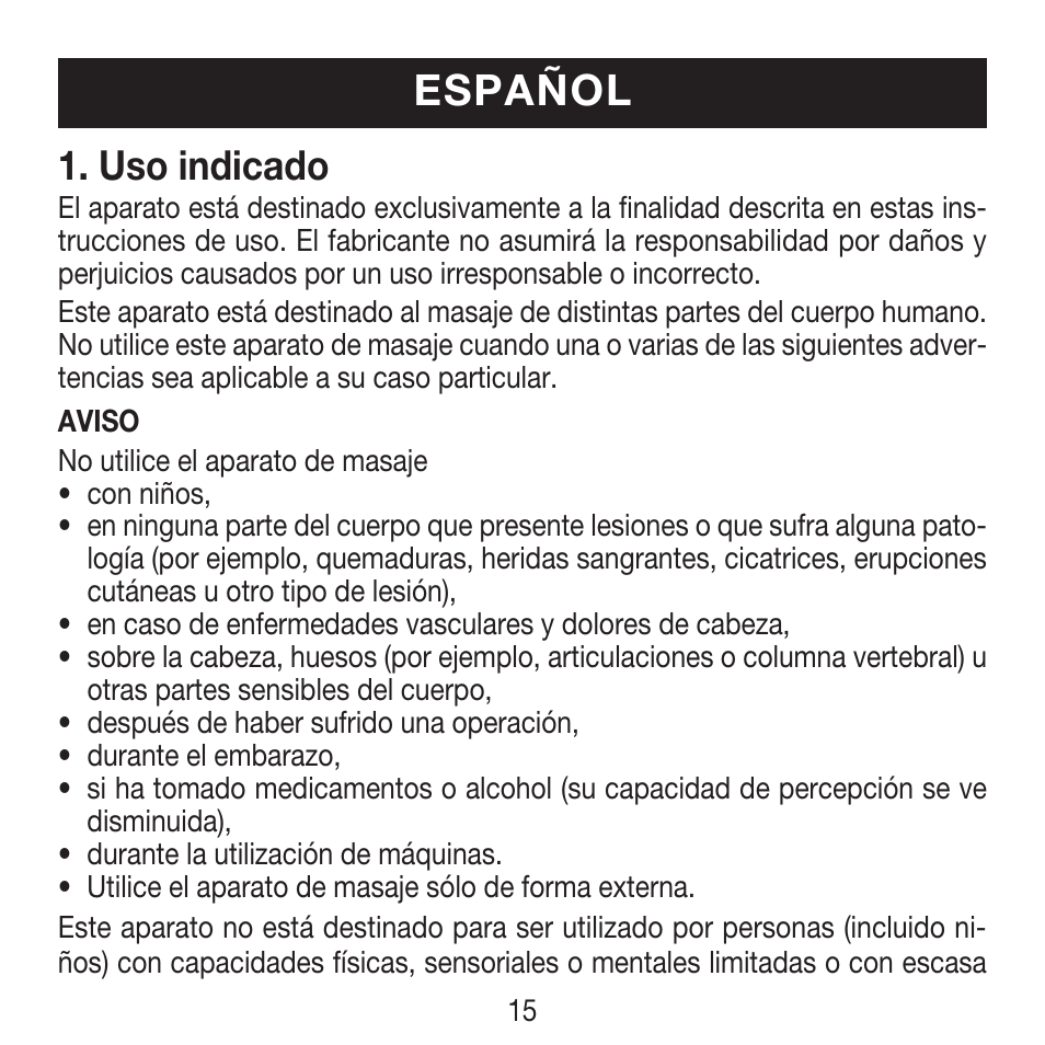 Español, Uso indicado | Beurer MG 18 User Manual | Page 15 / 36