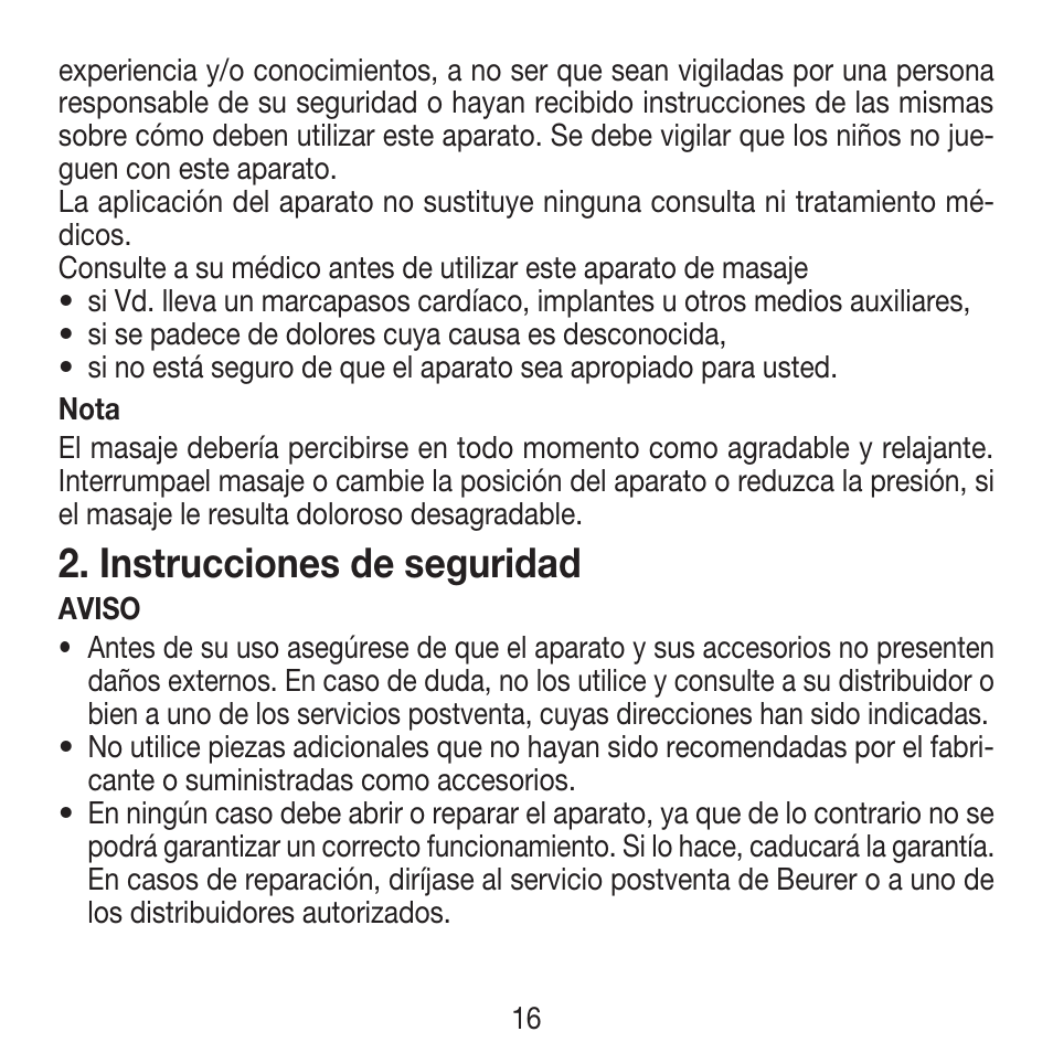 Instrucciones de seguridad | Beurer MG 18 User Manual | Page 16 / 36