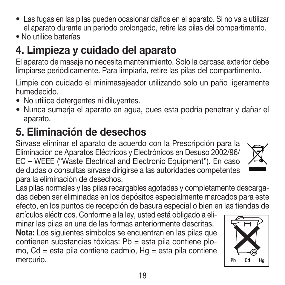 Limpieza y cuidado del aparato, Eliminación de desechos | Beurer MG 18 User Manual | Page 18 / 36