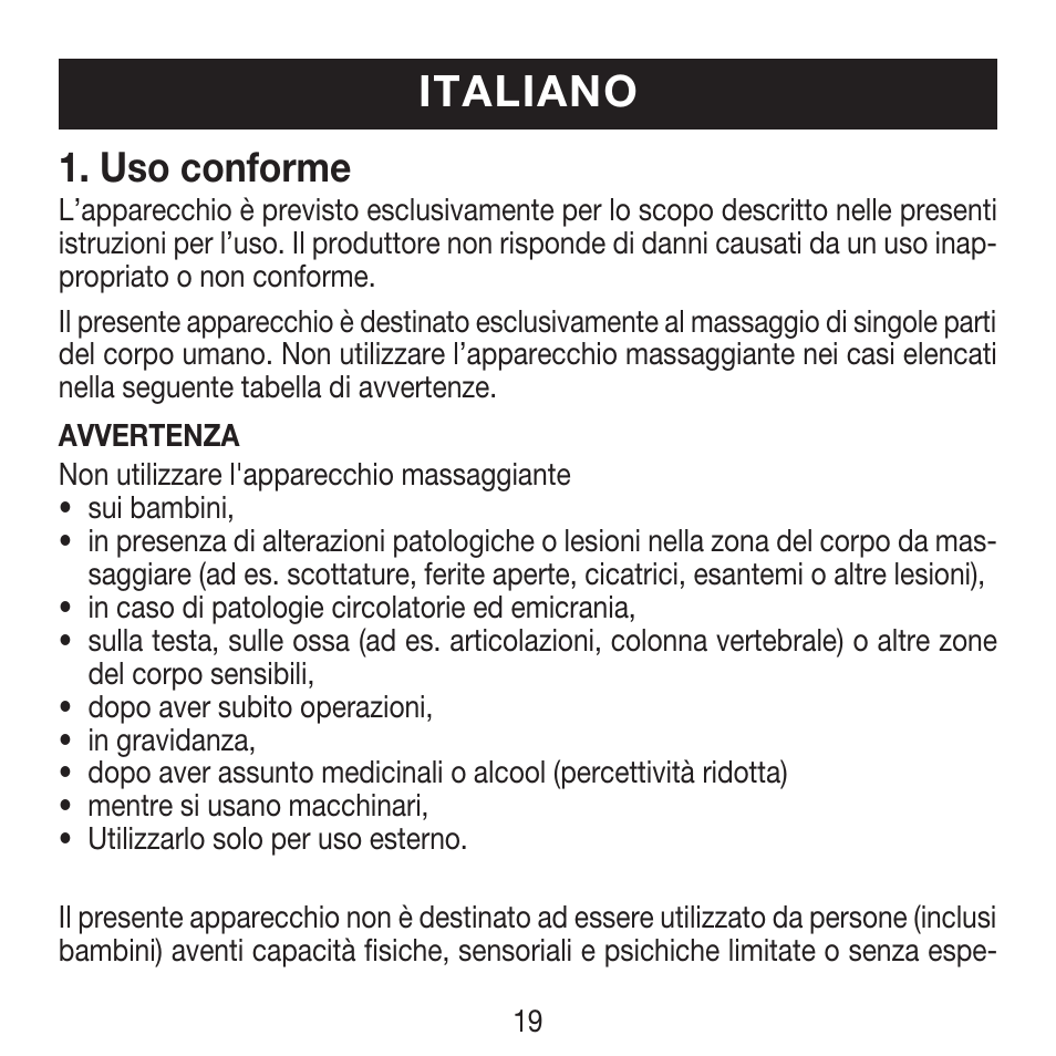 Italiano, Uso conforme | Beurer MG 18 User Manual | Page 19 / 36