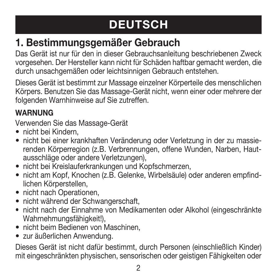 Deutsch, Bestimmungsgemäßer gebrauch | Beurer MG 18 User Manual | Page 2 / 36