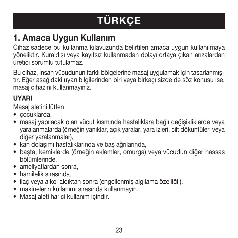 Türkçe, Amaca uygun kullanım | Beurer MG 18 User Manual | Page 23 / 36