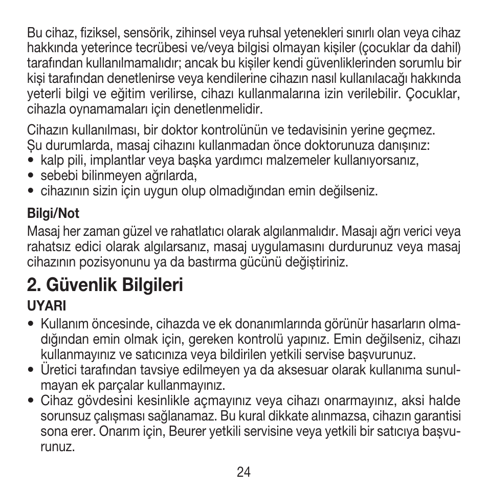 Güvenlik bilgileri | Beurer MG 18 User Manual | Page 24 / 36