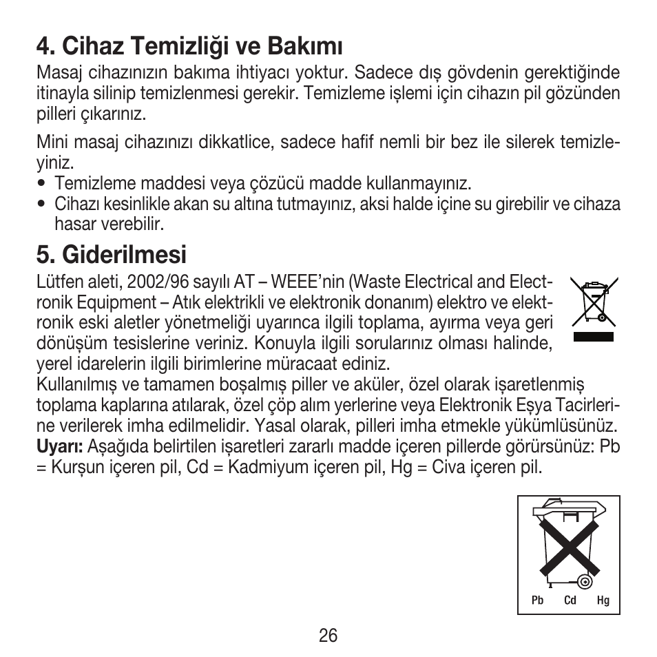 Cihaz temizliği ve bakımı, Giderilmesi | Beurer MG 18 User Manual | Page 26 / 36