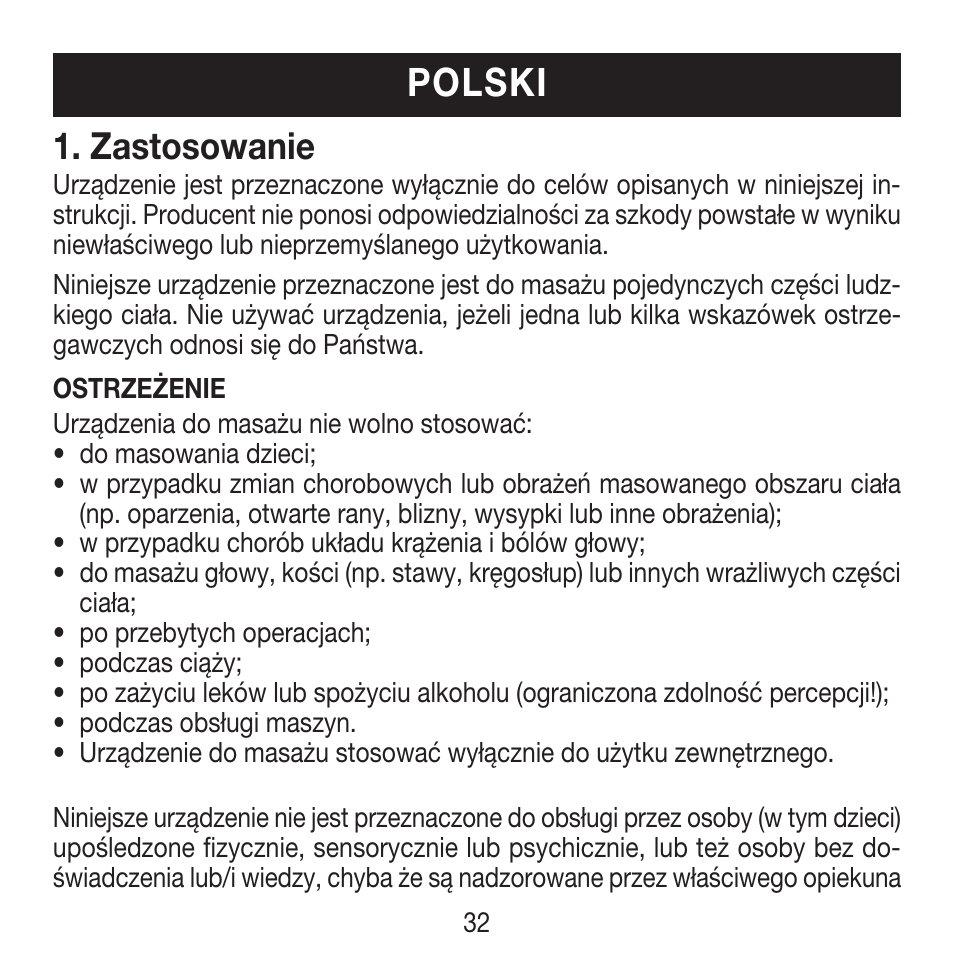 Polski, Zastosowanie | Beurer MG 18 User Manual | Page 32 / 36