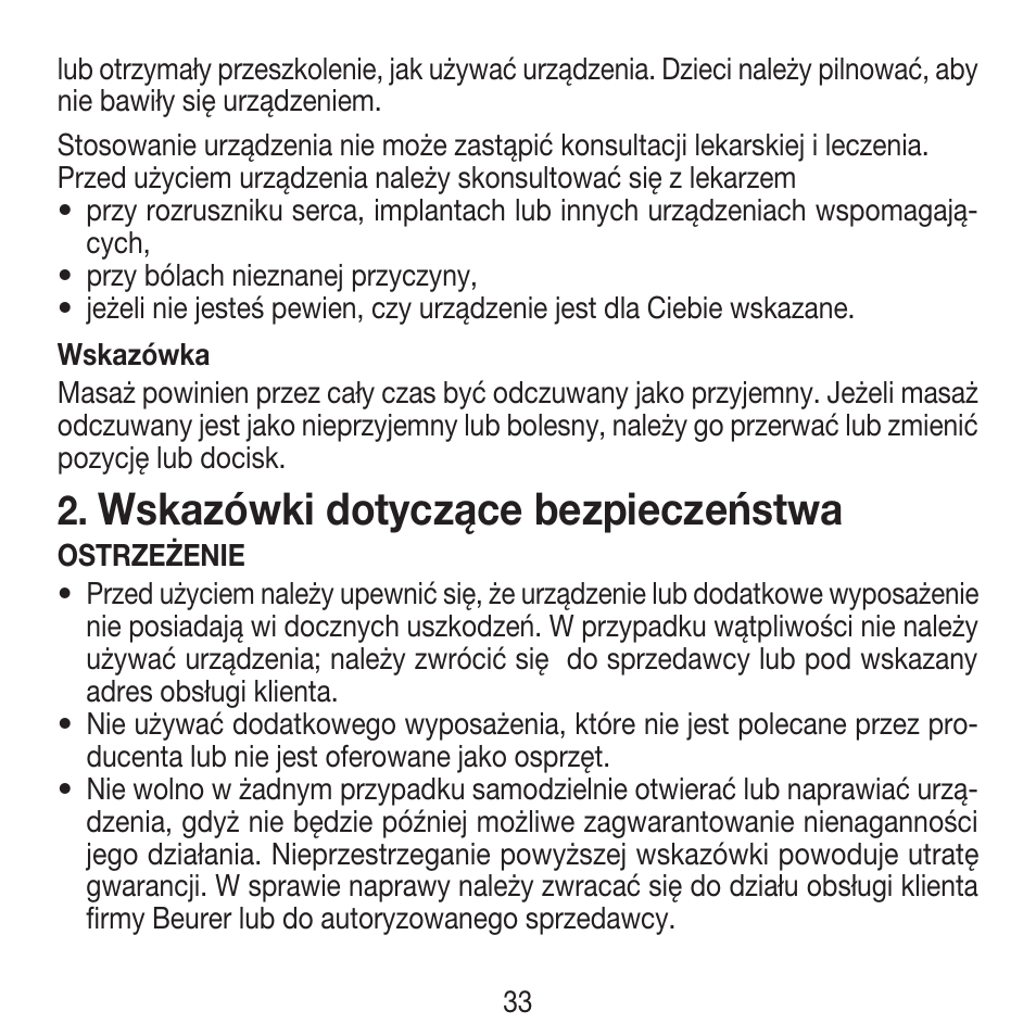 Wskazówki dotyczące bezpieczeństwa | Beurer MG 18 User Manual | Page 33 / 36