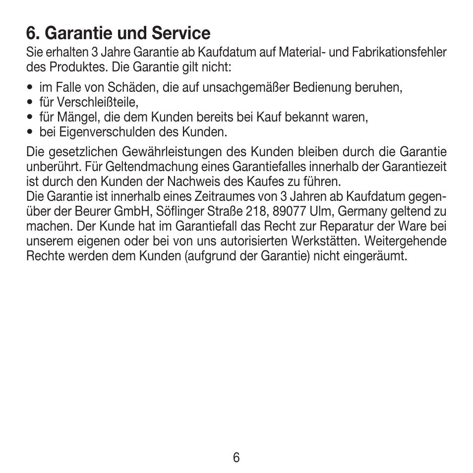 Garantie und service | Beurer MG 18 User Manual | Page 6 / 36