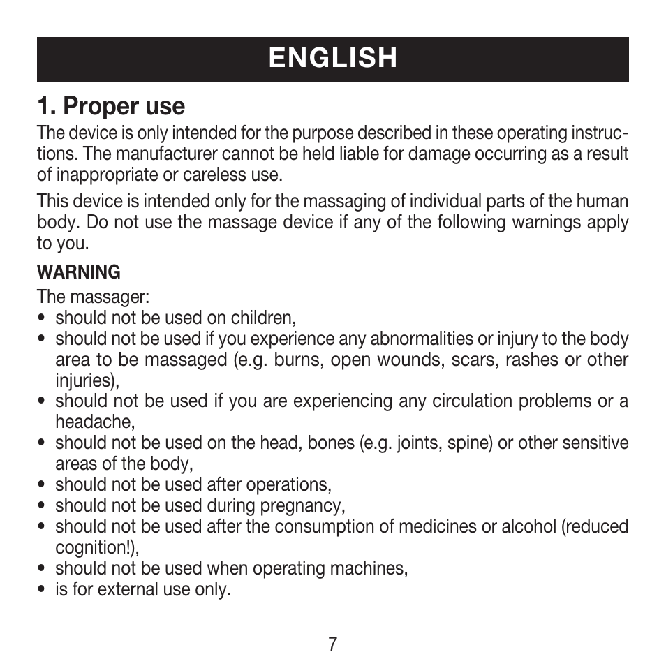 English, Proper use | Beurer MG 18 User Manual | Page 7 / 36