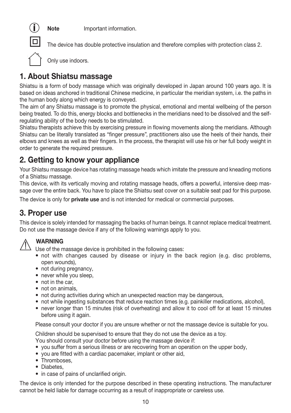 About shiatsu massage, Getting to know your appliance, Proper use | Beurer MG 200 User Manual | Page 10 / 56