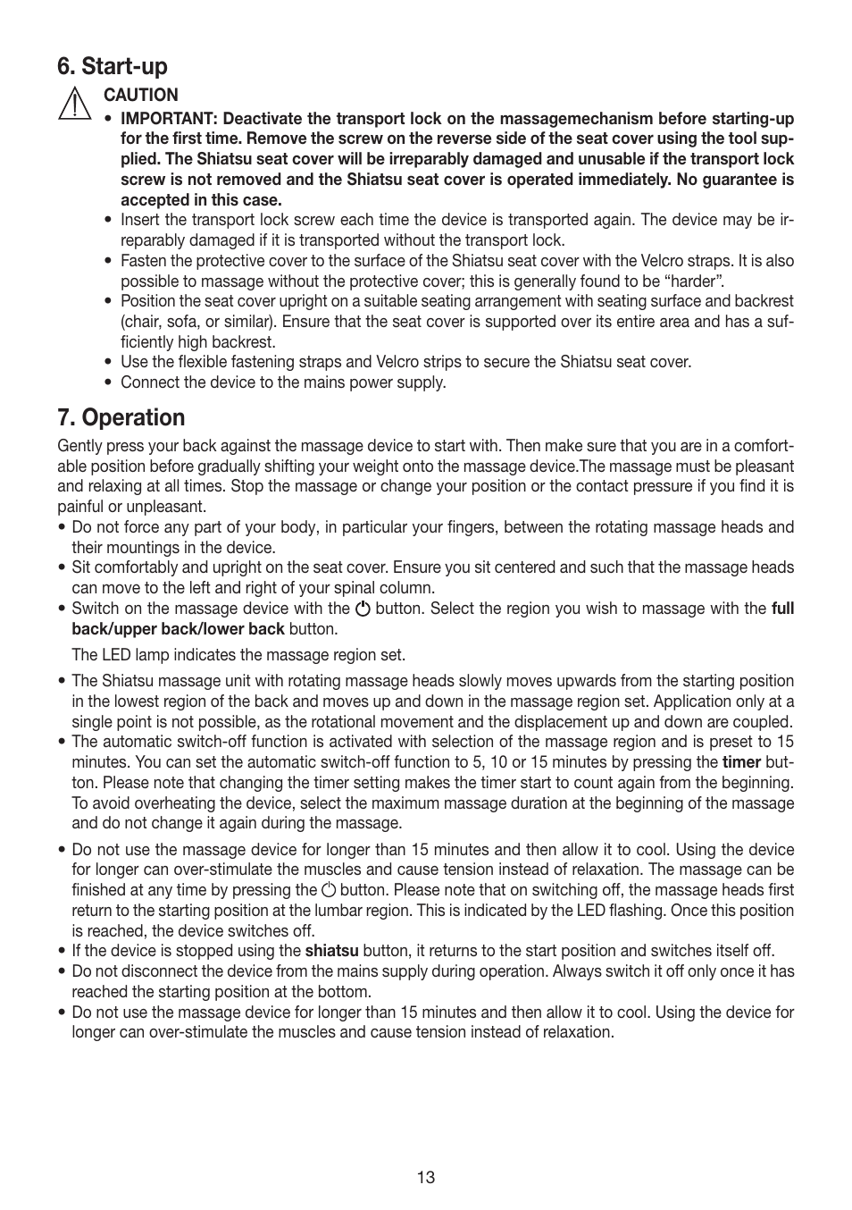 Start-up, Operation | Beurer MG 200 User Manual | Page 13 / 56