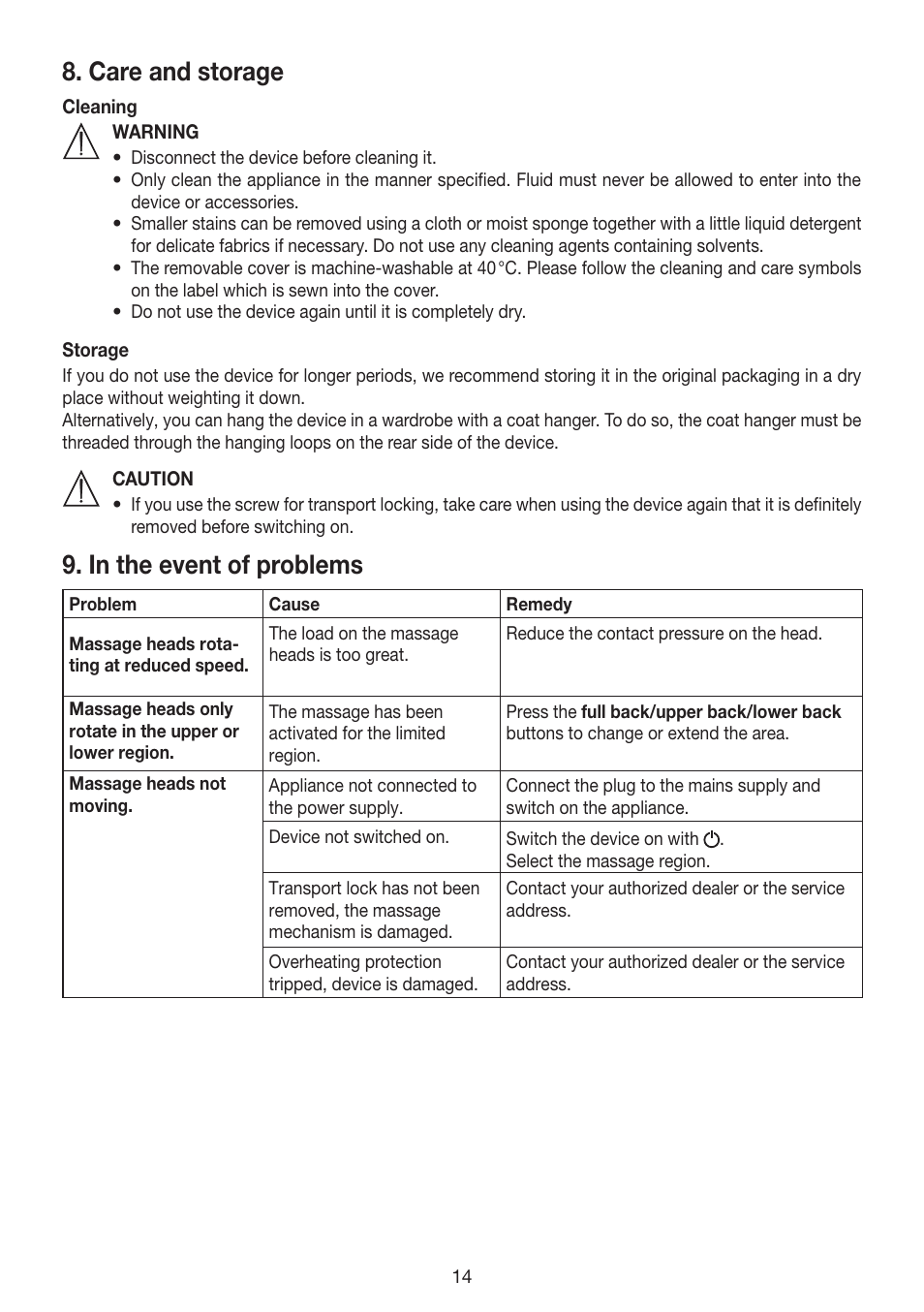 Care and storage | Beurer MG 200 User Manual | Page 14 / 56