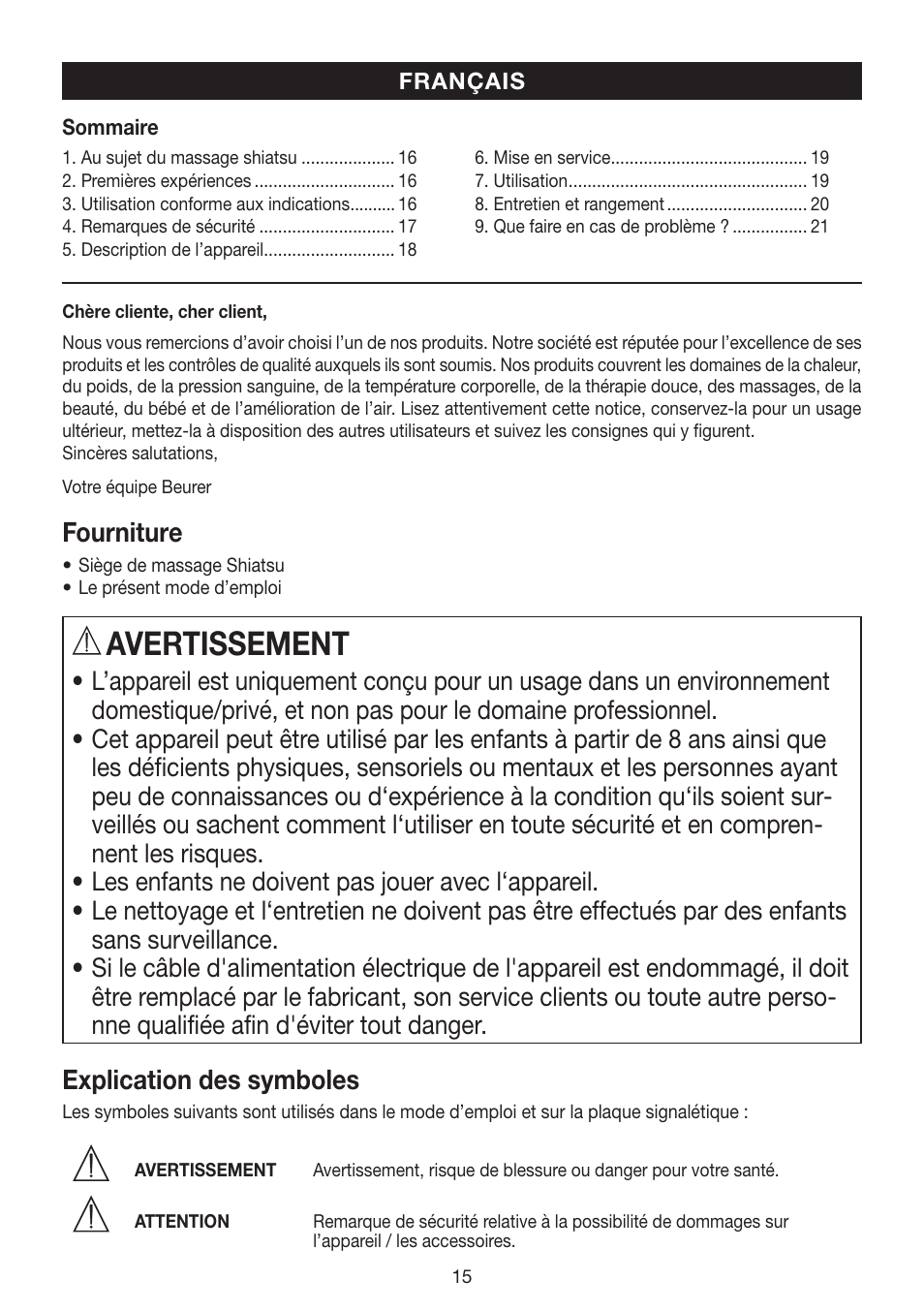 Avertissement, Fourniture, Explication des symboles | Beurer MG 200 User Manual | Page 15 / 56