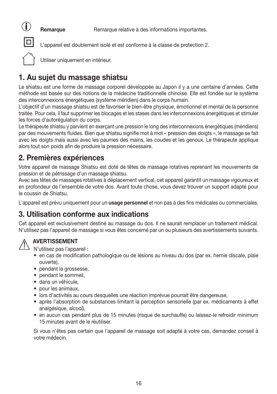 Au sujet du massage shiatsu, Premières expériences, Utilisation conforme aux indications | Beurer MG 200 User Manual | Page 16 / 56