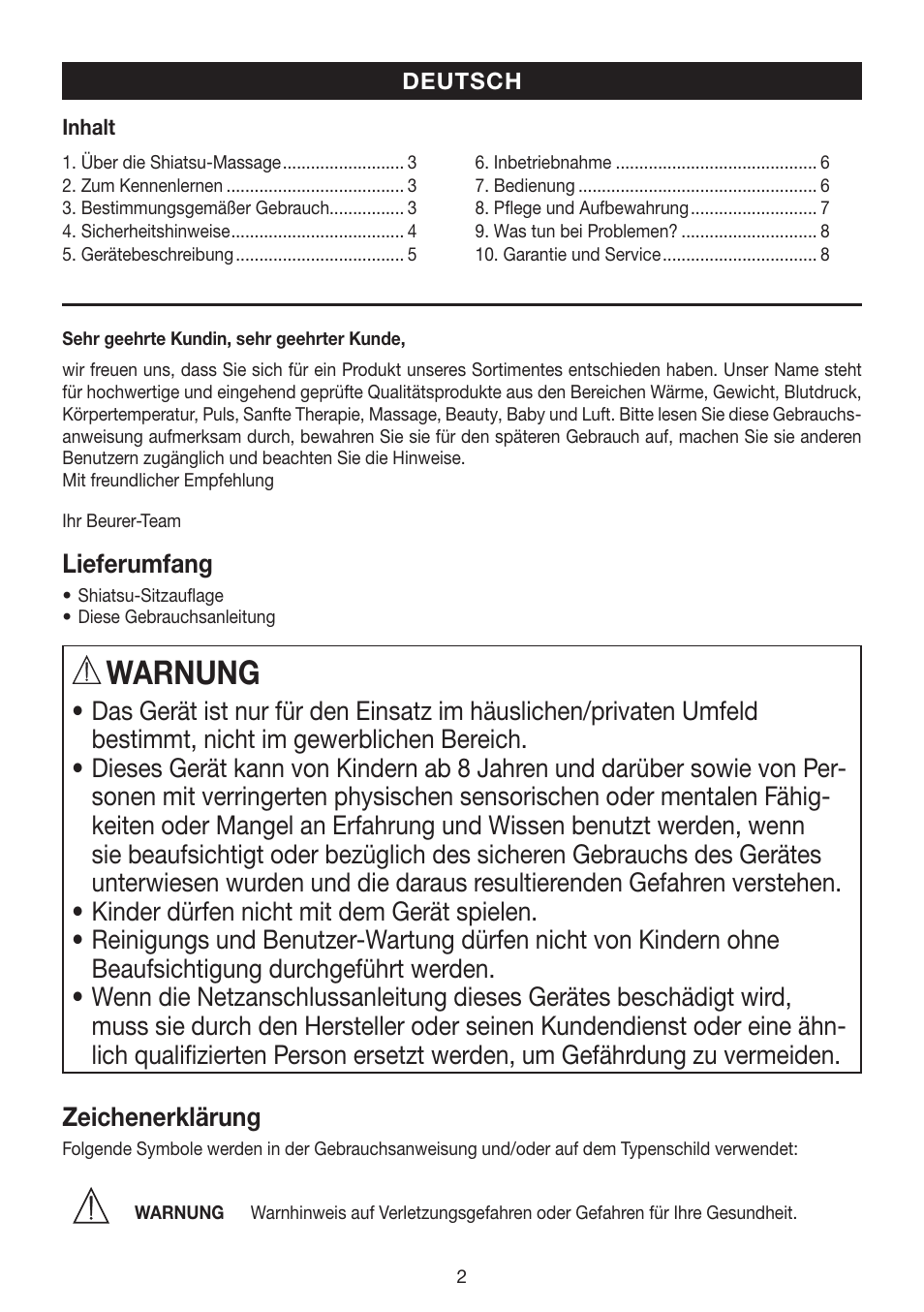 Warnung, Lieferumfang, Zeichenerklärung | Beurer MG 200 User Manual | Page 2 / 56