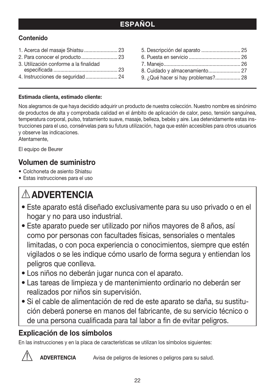 Advertencia, Volumen de suministro | Beurer MG 200 User Manual | Page 22 / 56