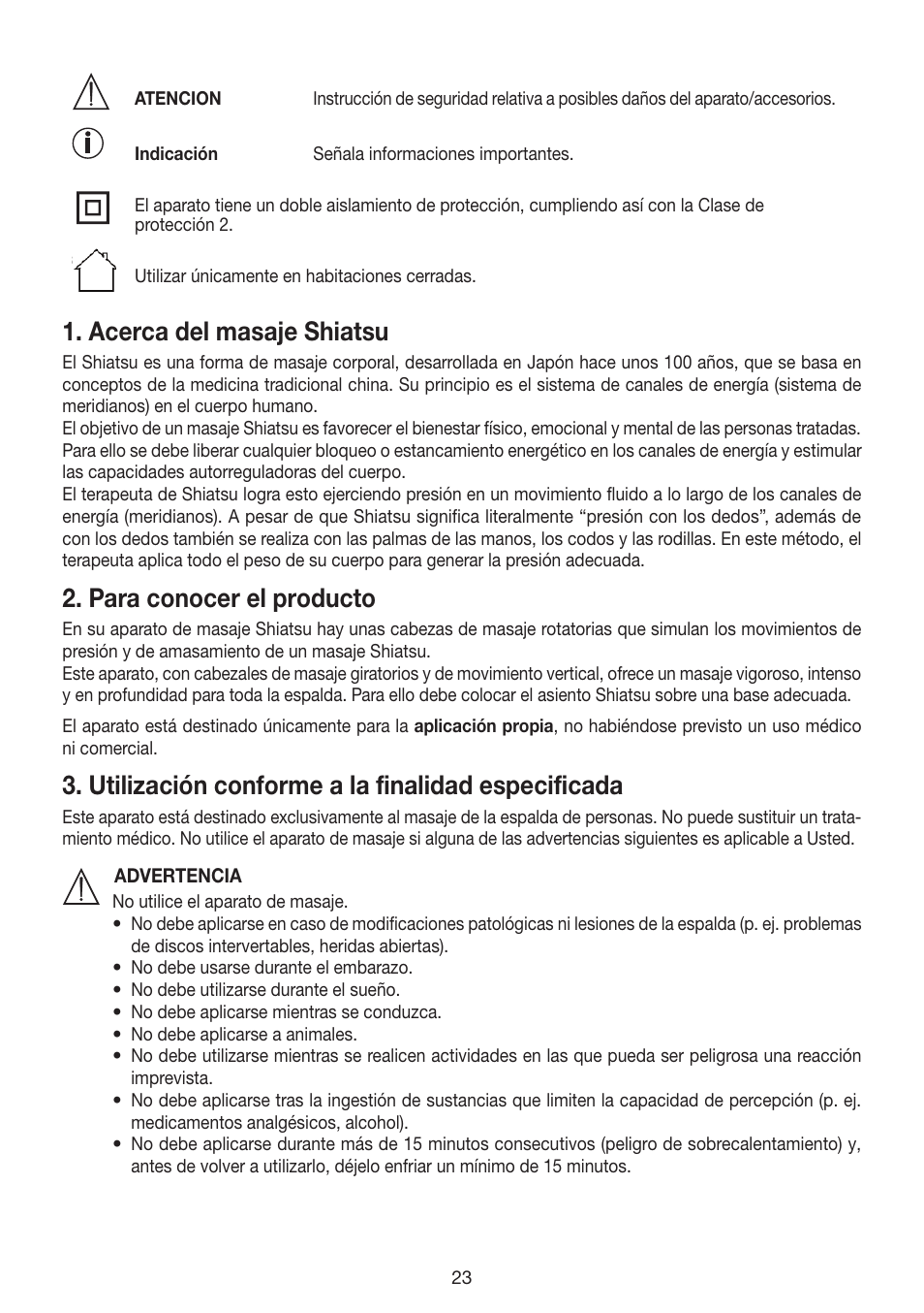 Acerca del masaje shiatsu, Para conocer el producto, Utilización conforme a la finalidad especificada | Beurer MG 200 User Manual | Page 23 / 56