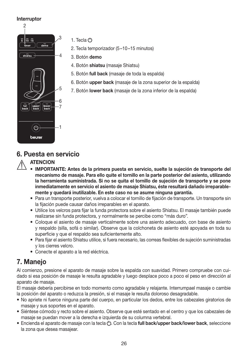 Puesta en servicio, Manejo | Beurer MG 200 User Manual | Page 26 / 56