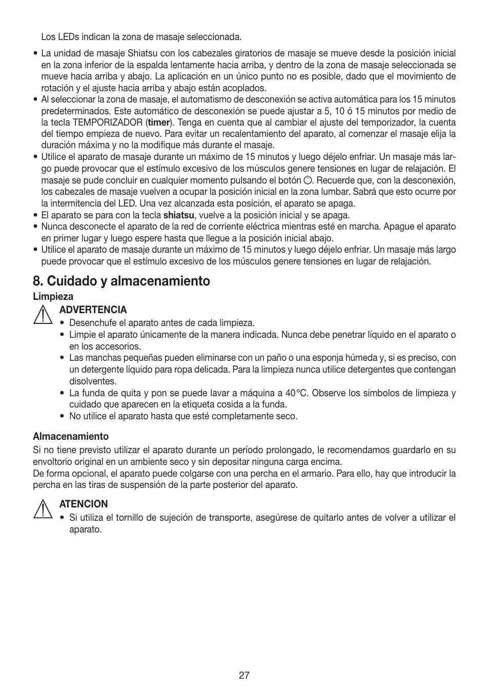 Cuidado y almacenamiento | Beurer MG 200 User Manual | Page 27 / 56