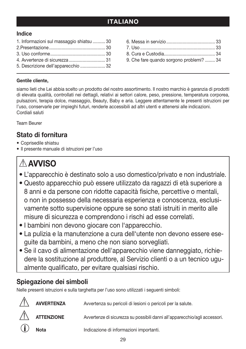 Avviso, Stato di fornitura | Beurer MG 200 User Manual | Page 29 / 56