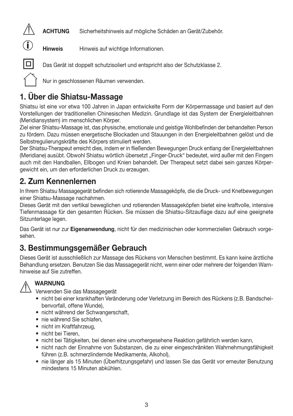 Über die shiatsu-massage, Zum kennenlernen, Bestimmungsgemäßer gebrauch | Beurer MG 200 User Manual | Page 3 / 56