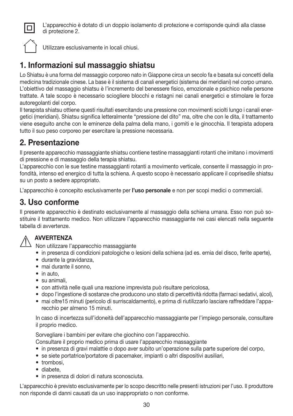 Informazioni sul massaggio shiatsu, Presentazione, Uso conforme | Beurer MG 200 User Manual | Page 30 / 56