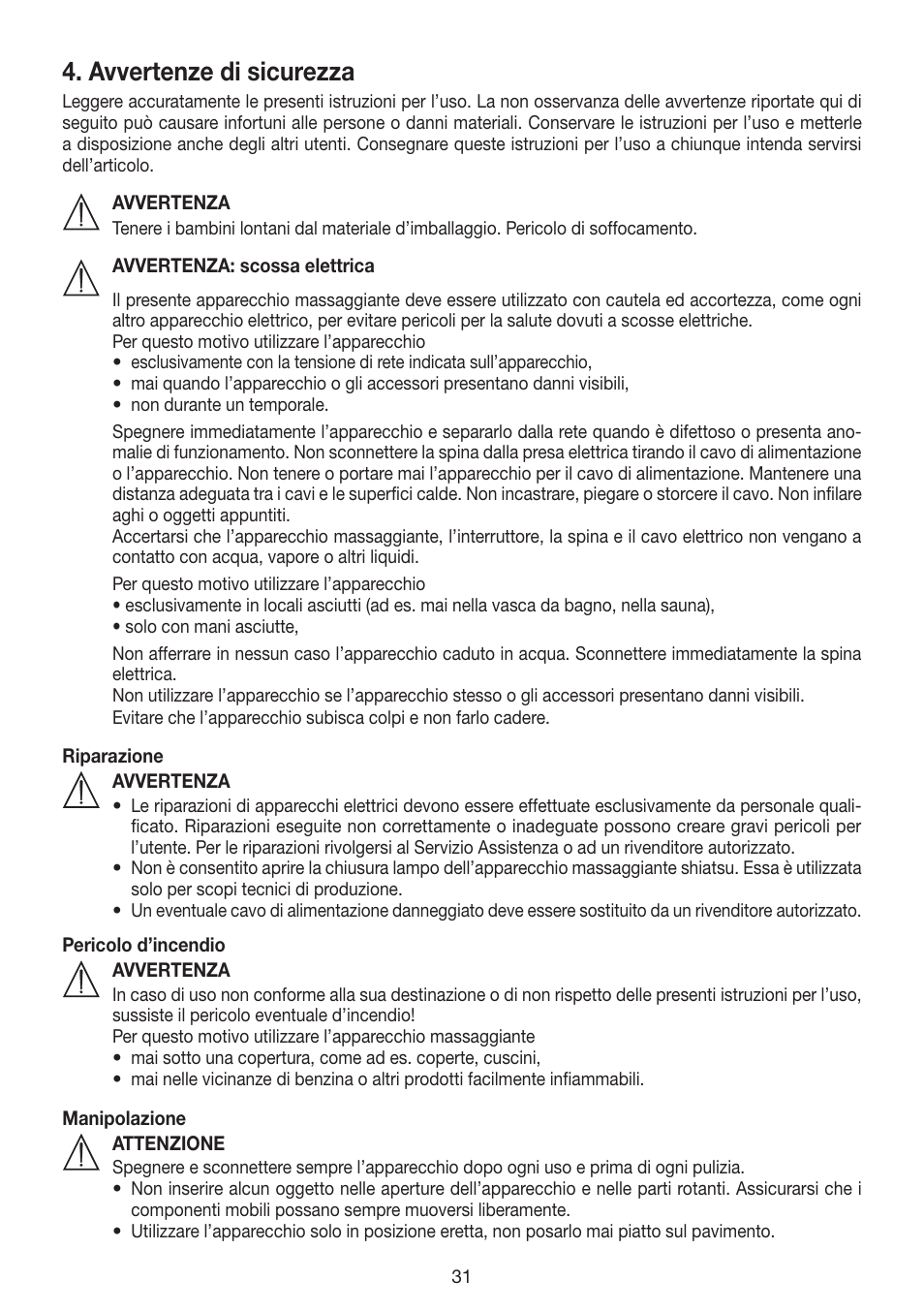 Avvertenze di sicurezza | Beurer MG 200 User Manual | Page 31 / 56