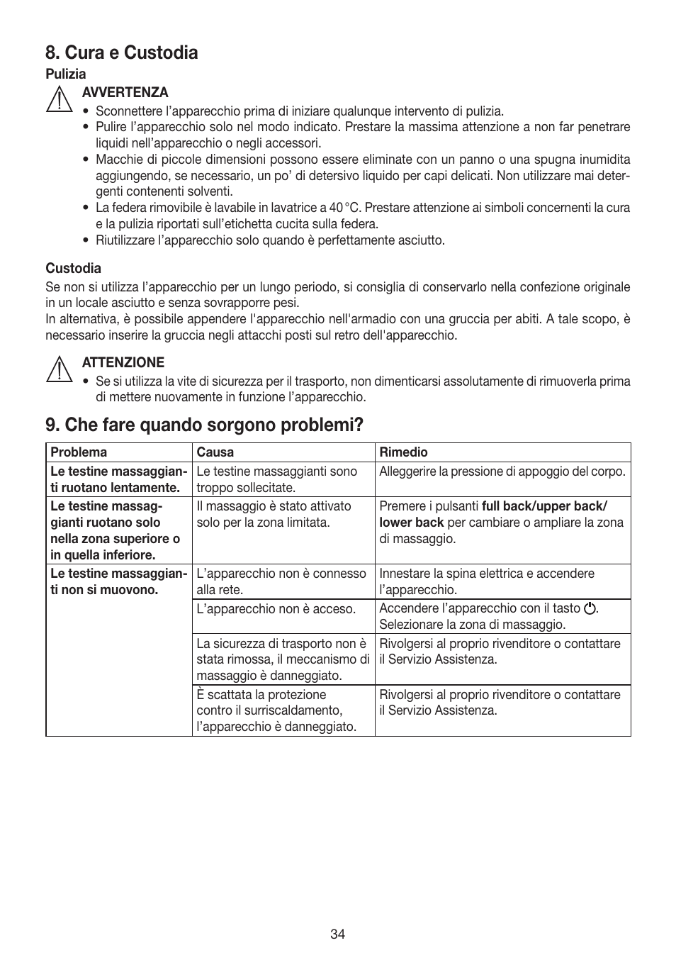 Cura e custodia, Che fare quando sorgono problemi | Beurer MG 200 User Manual | Page 34 / 56