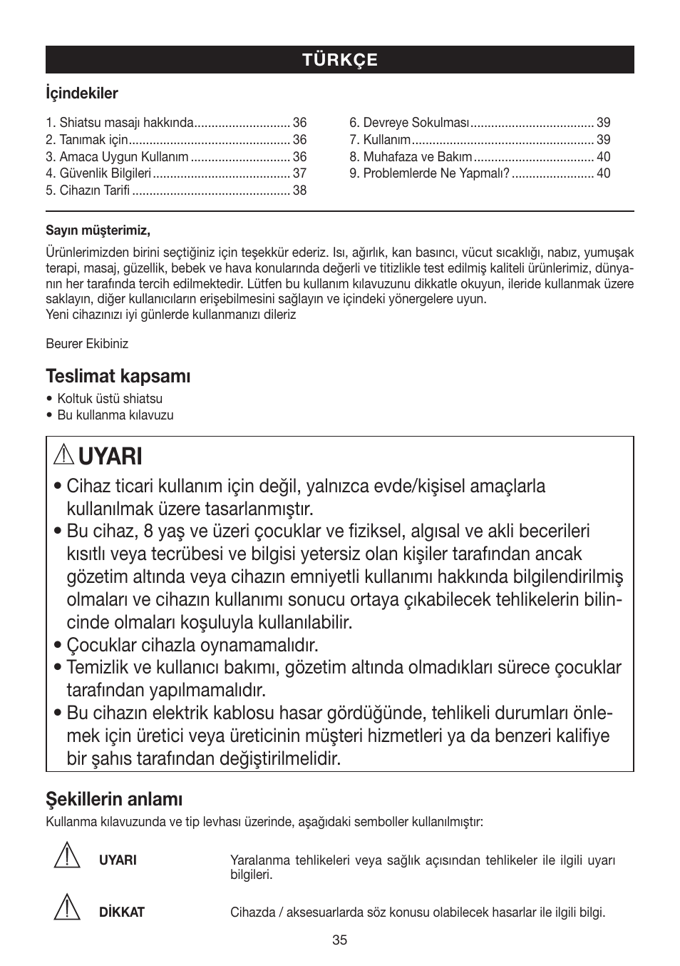 Uyari, Teslimat kapsamı | Beurer MG 200 User Manual | Page 35 / 56