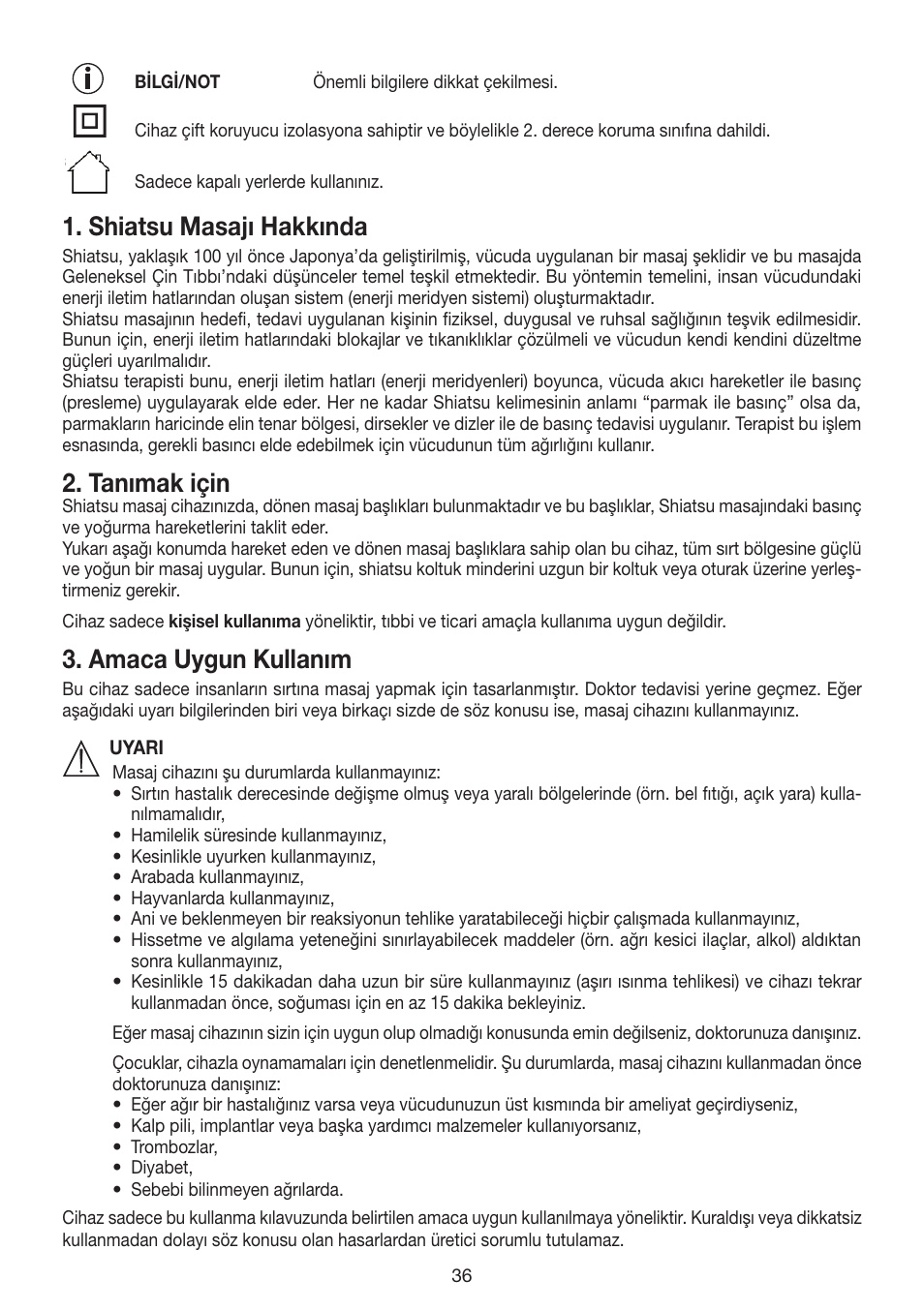 Shiatsu masajı hakkında, Tanımak için, Amaca uygun kullanım | Beurer MG 200 User Manual | Page 36 / 56