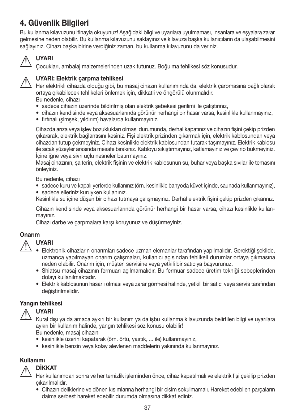 Güvenlik bilgileri | Beurer MG 200 User Manual | Page 37 / 56