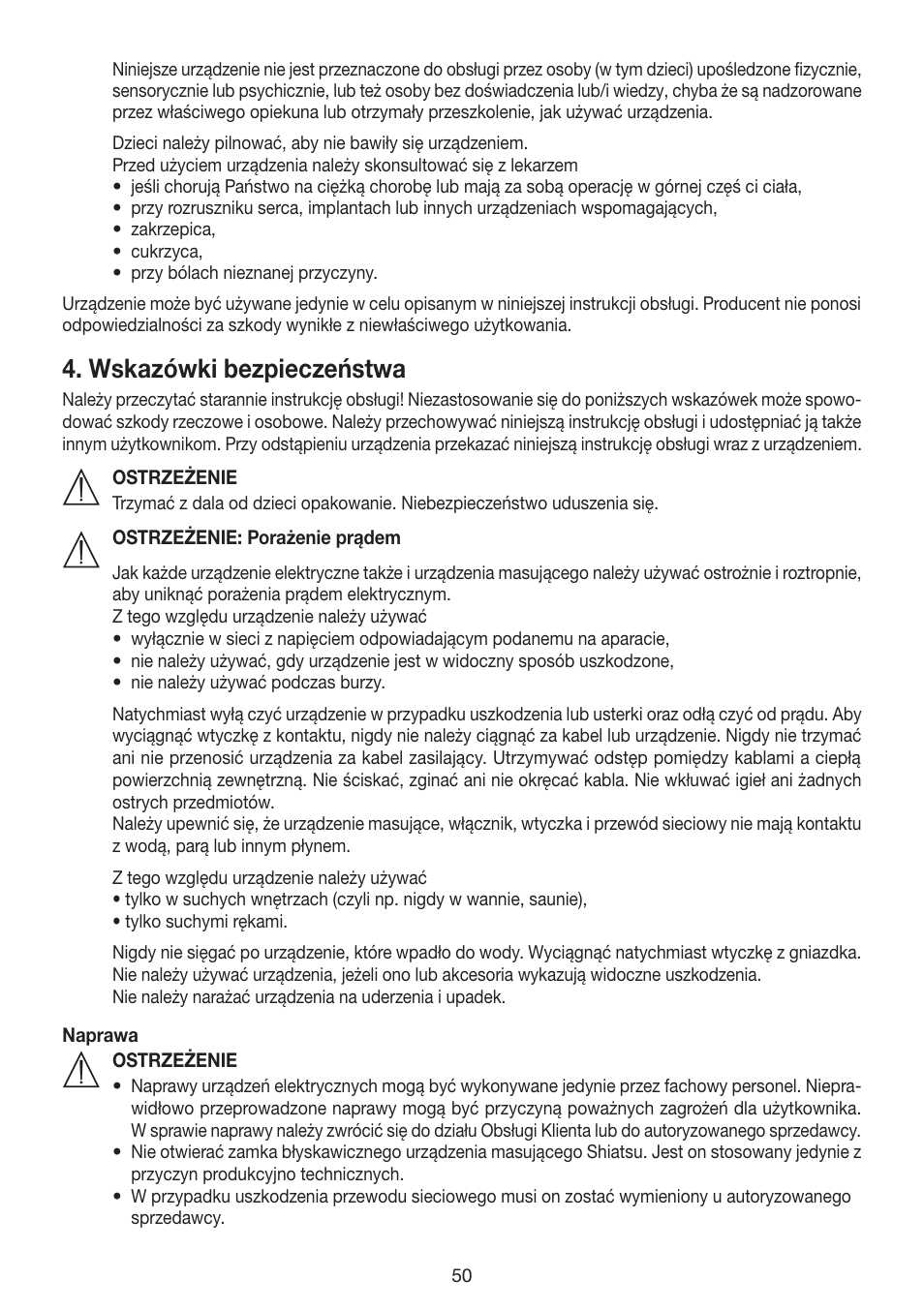 Wskazówki bezpieczeństwa | Beurer MG 200 User Manual | Page 50 / 56