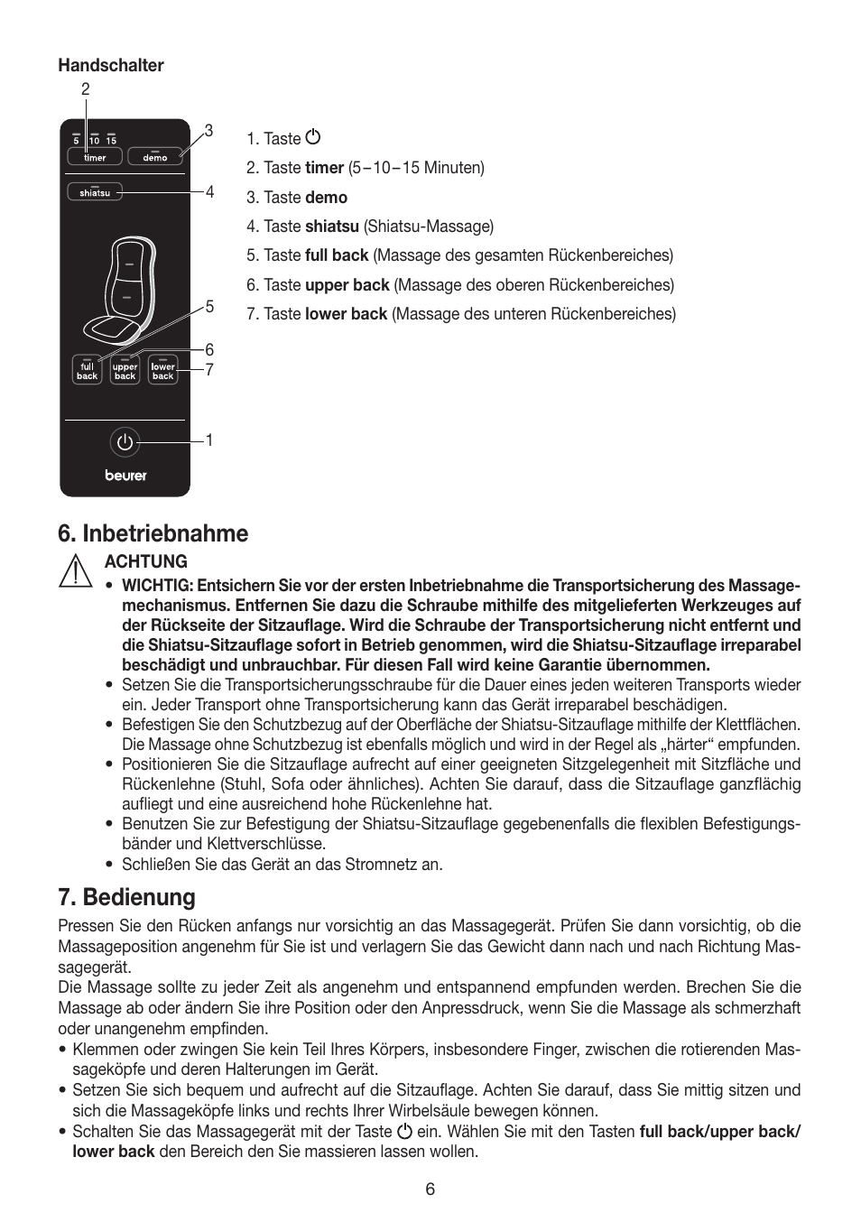 Inbetriebnahme, Bedienung | Beurer MG 200 User Manual | Page 6 / 56