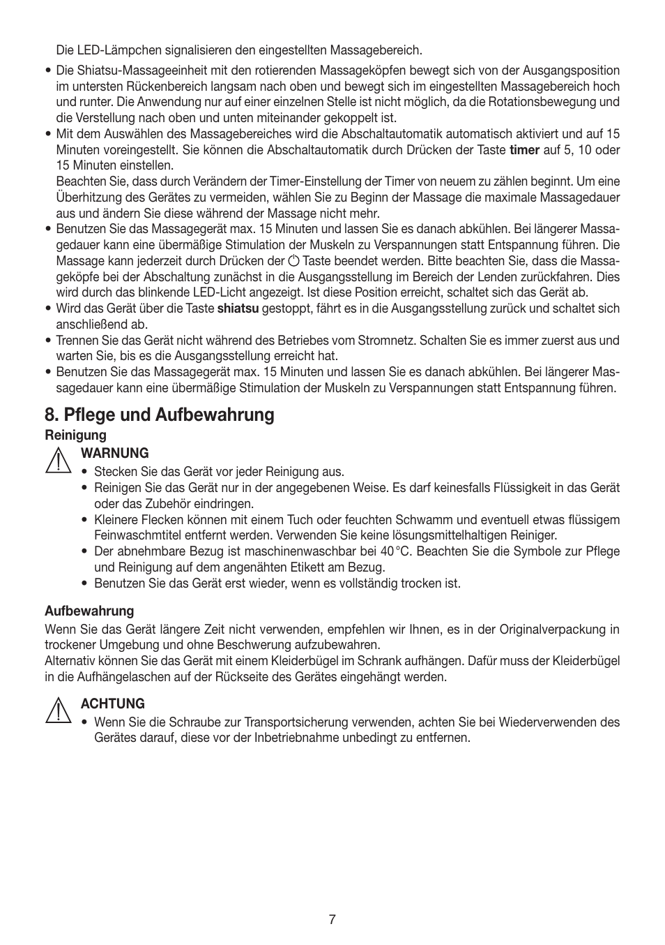 Pflege und aufbewahrung | Beurer MG 200 User Manual | Page 7 / 56