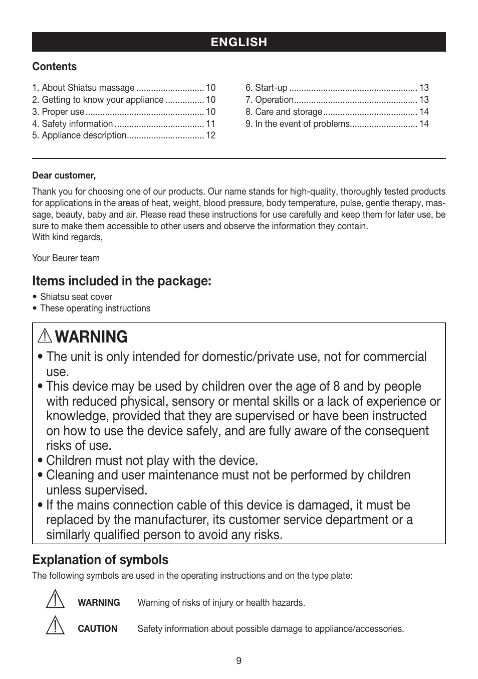 Warning, Items included in the package | Beurer MG 200 User Manual | Page 9 / 56