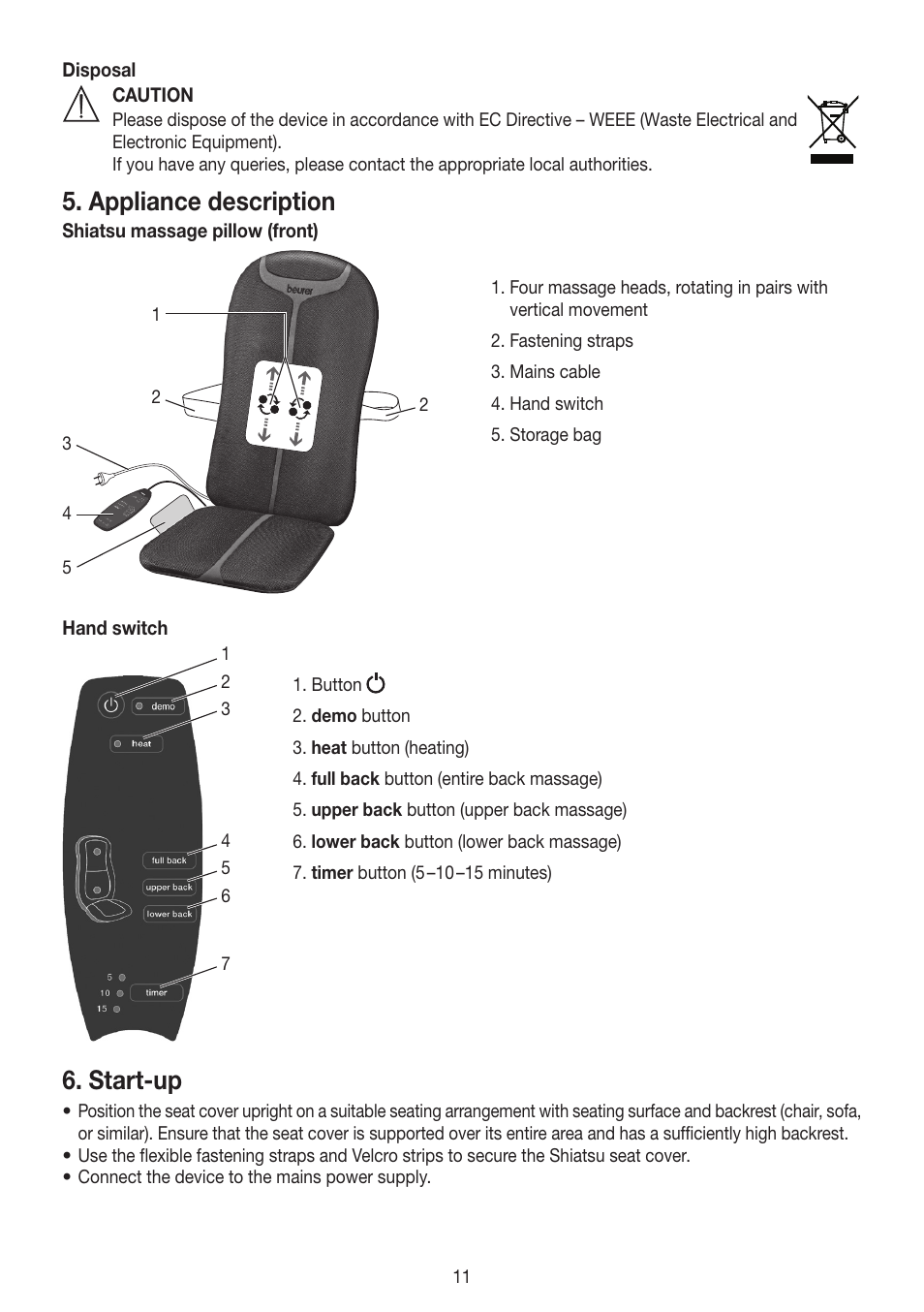 Appliance description, Start-up | Beurer MG 204 User Manual | Page 11 / 52