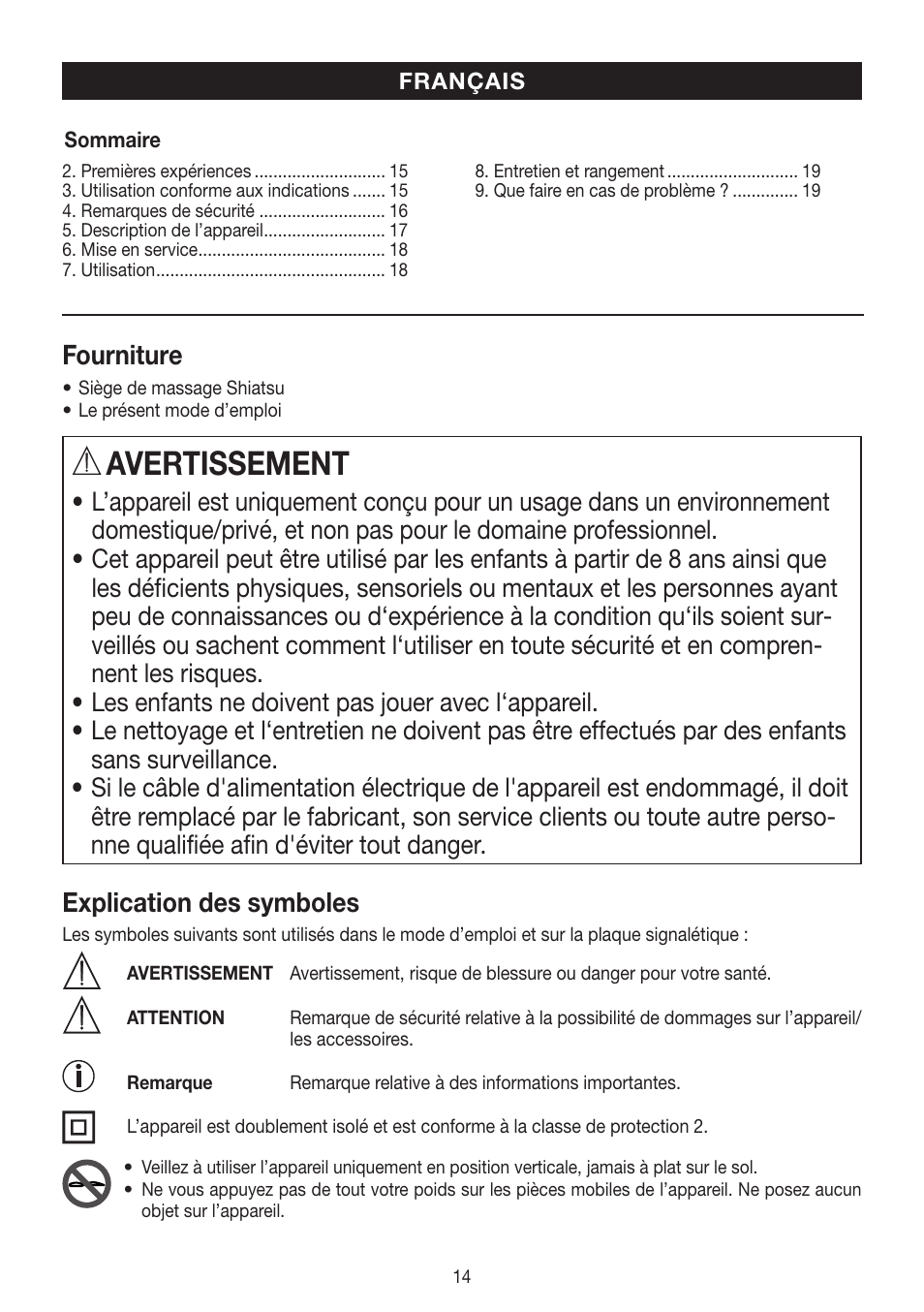 Avertissement, Fourniture, Explication des symboles | Beurer MG 204 User Manual | Page 14 / 52