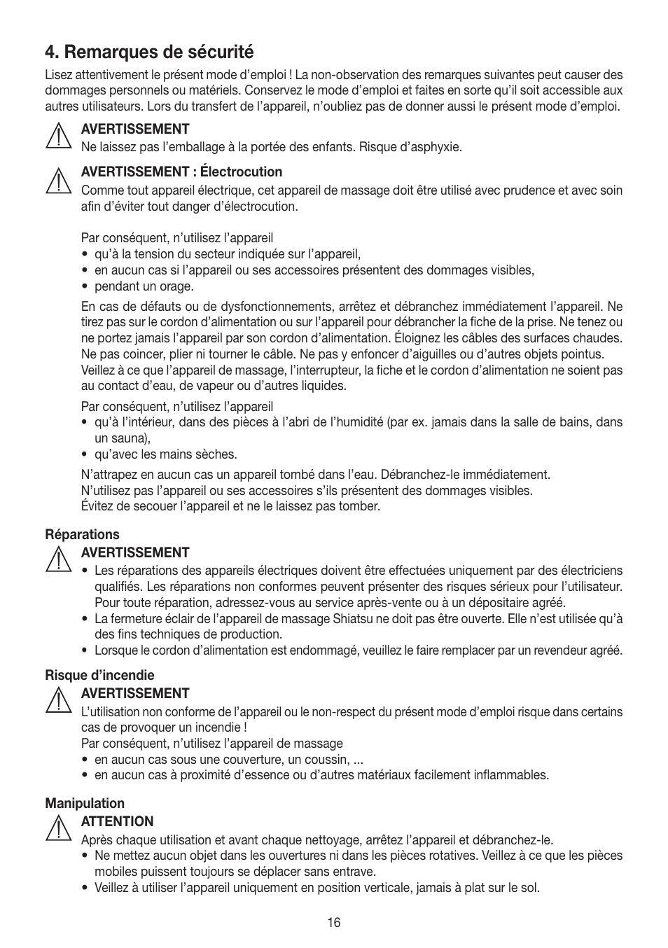 Remarques de sécurité | Beurer MG 204 User Manual | Page 16 / 52