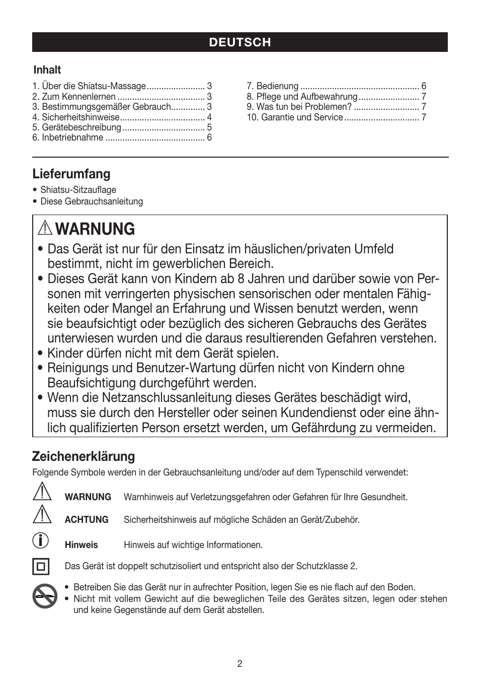 Warnung, Lieferumfang | Beurer MG 204 User Manual | Page 2 / 52