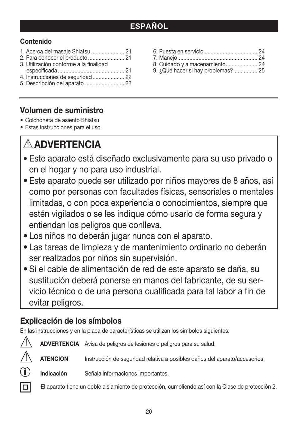 Advertencia | Beurer MG 204 User Manual | Page 20 / 52