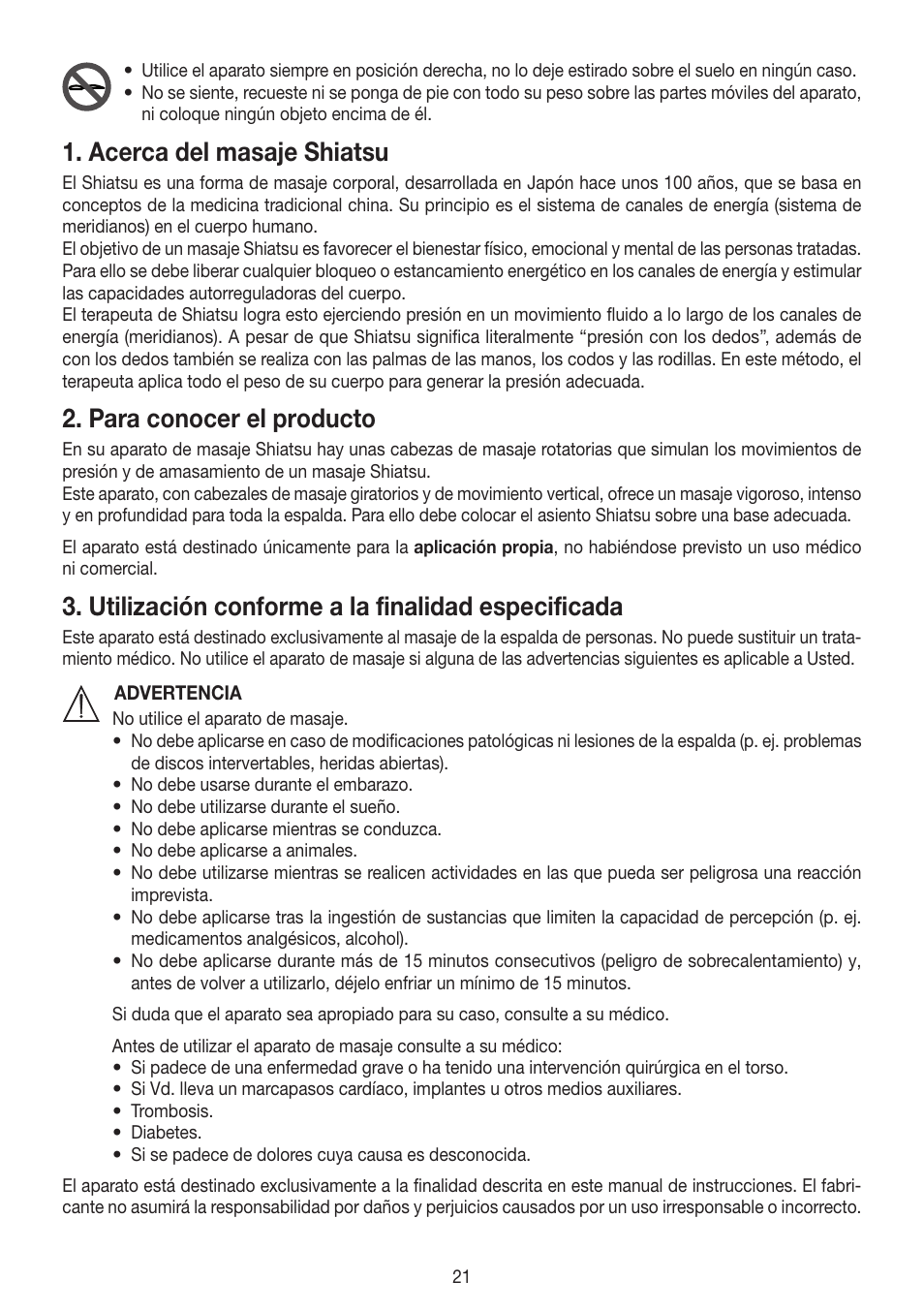 Acerca del masaje shiatsu, Para conocer el producto, Utilización conforme a la finalidad especificada | Beurer MG 204 User Manual | Page 21 / 52