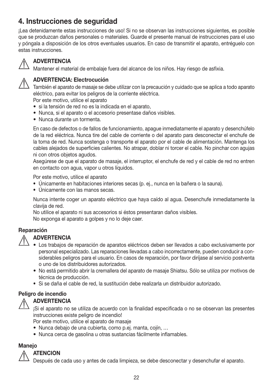 Instrucciones de seguridad | Beurer MG 204 User Manual | Page 22 / 52