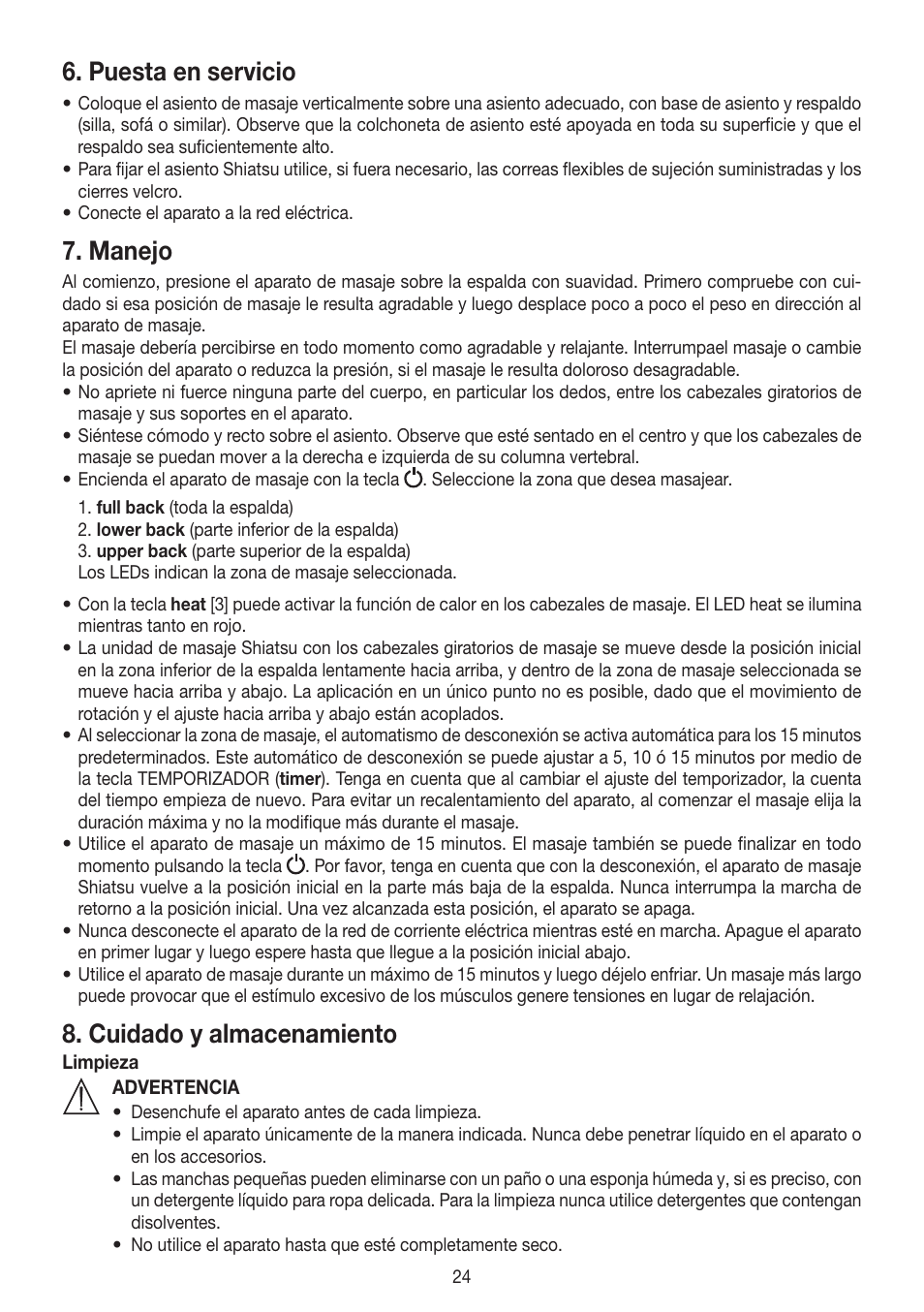 Puesta en servicio, Manejo, Cuidado y almacenamiento | Beurer MG 204 User Manual | Page 24 / 52