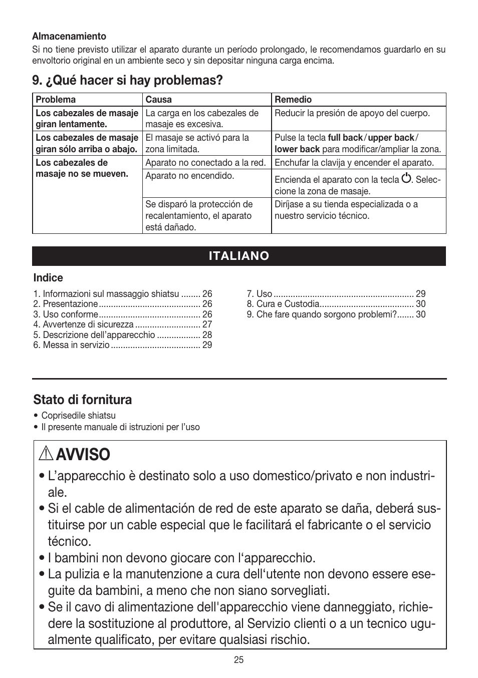 Avviso, ¿qué hacer si hay problemas, Stato di fornitura | Beurer MG 204 User Manual | Page 25 / 52