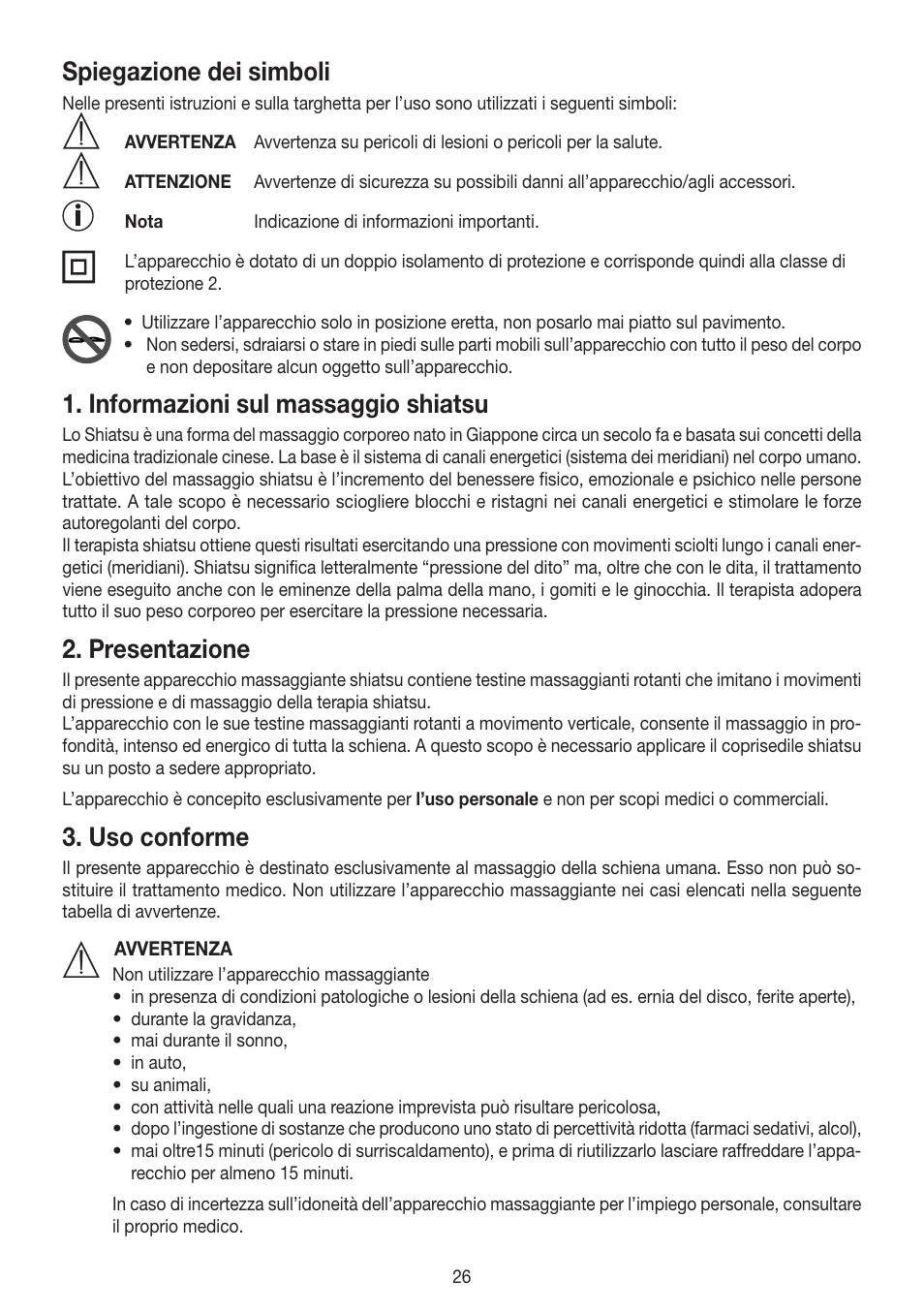 Spiegazione dei simboli, Informazioni sul massaggio shiatsu, Presentazione | Uso conforme | Beurer MG 204 User Manual | Page 26 / 52