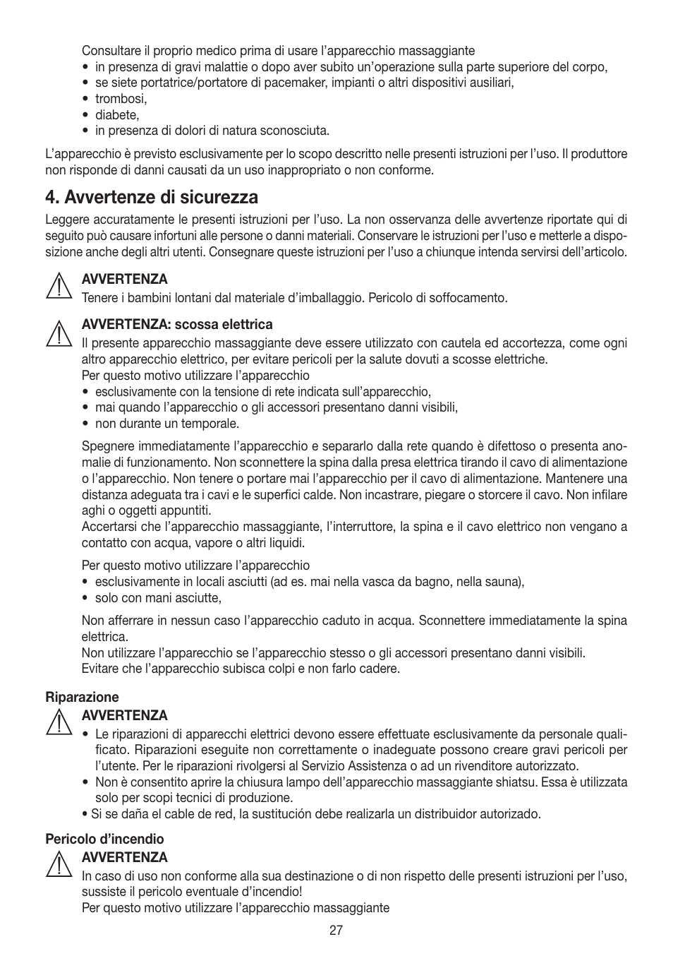 Avvertenze di sicurezza | Beurer MG 204 User Manual | Page 27 / 52