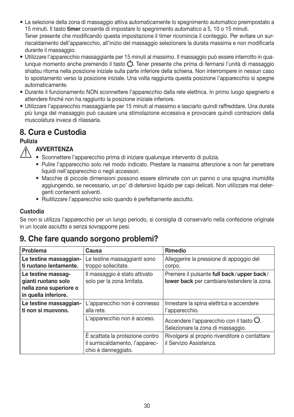 Cura e custodia, Che fare quando sorgono problemi | Beurer MG 204 User Manual | Page 30 / 52