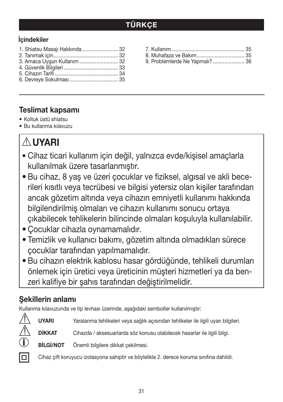 Uyari, Teslimat kapsamı, Şekillerin anlamı | Beurer MG 204 User Manual | Page 31 / 52