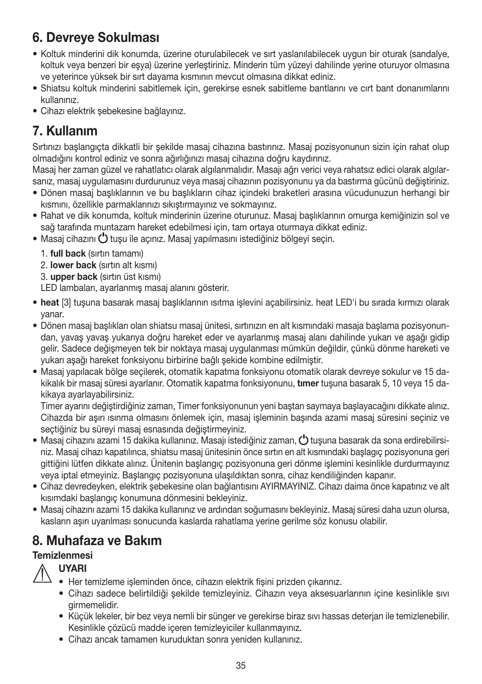Devreye sokulması, Kullanım, Muhafaza ve bakım | Beurer MG 204 User Manual | Page 35 / 52
